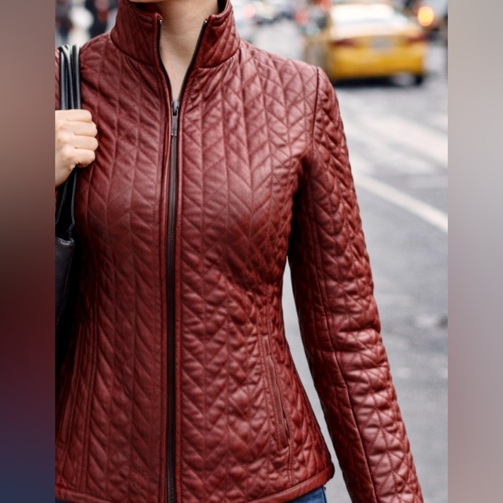 Reaction Kenneth Cole Women's Quilted Leather Jacket in Burgundy